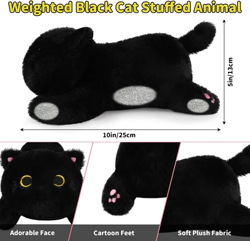 Miniatura 5 de Peluche de gato negro con peso, lindos animales de peluche con peso para niños, realista y suave, abrazable, regalo para niñas y niños