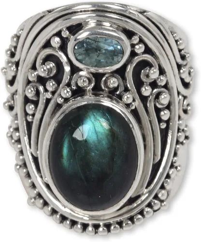 Miniatura 3 de NOVICA Anillo de plata de ley 925 con labradorita y topacio azul hecho a mano con texto en inglés "Misty Starlight