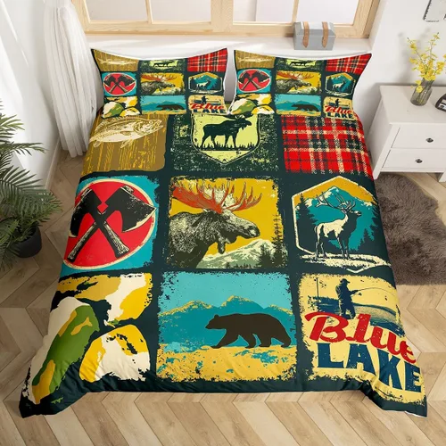 Miniatura 9 de Funda de edredón rústica tamaño Queen, juego de ropa de cama retro para cabaña de cabaña, oso de caza, ciervo, hojas de arce, funda de edredón