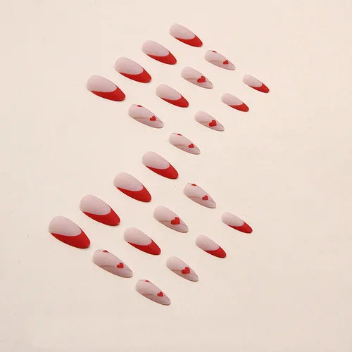 Miniatura 3 de Uñas postizas a presión de punta francesa de almendra, medianas, uñas postizas acrílicas artificiales con diseño de corazón de amor rojo, cobertura