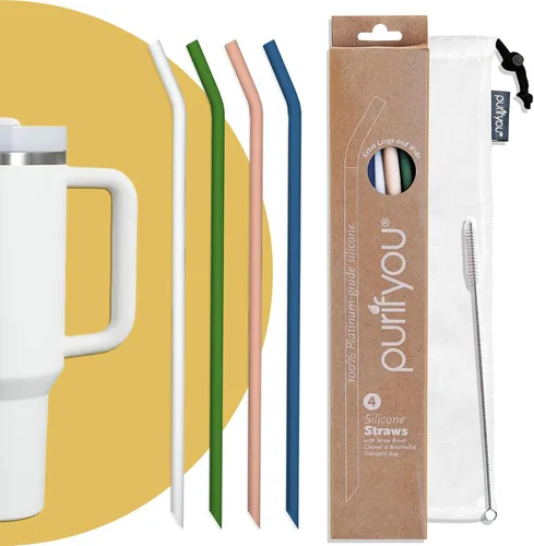 purifyou Pajitas de silicona reutilizables extralargas de 14.5 pulgadas con puntas flexibles, cepillo de limpieza y funda portátil, se adapta a
