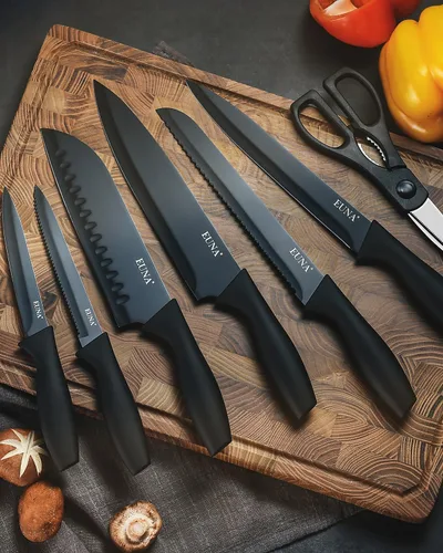 Miniatura 2 de EUNA Juego de cuchillos de cocina, 19 piezas, juego de cuchillos negros con bloque acrílico y afilador, juegos de cuchillos alemanes de acero
