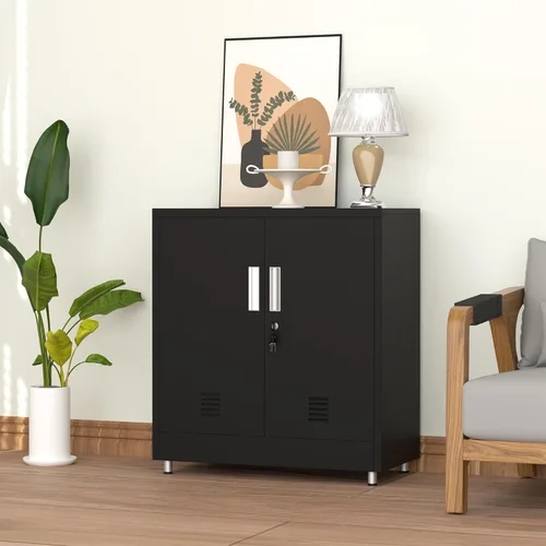 Miniatura 2 de Armario de almacenamiento de metal con puertas de bloqueo y estante ajustable, pequeño aparador con cerradura para el hogar, oficina, entrada, Negro