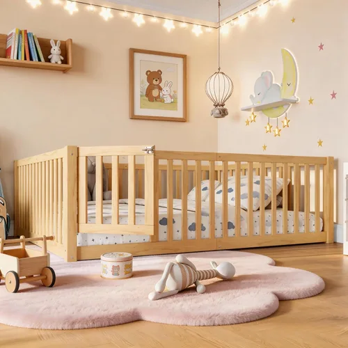 Miniatura 20 de Bellemave Cama de suelo Queen para niños, marco de cama Montessori con barandillas y puerta en forma de valla, cama Queen de madera para niños, Gris