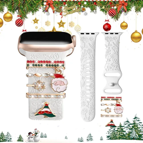 Miniatura 24 de DaQin Banda con Flor Grabada Compatible con Apple Watch, Bandas de 44mm, 42mm, 45mm, 46mm para Mujeres, Correa de Silicona Suave con Decoración