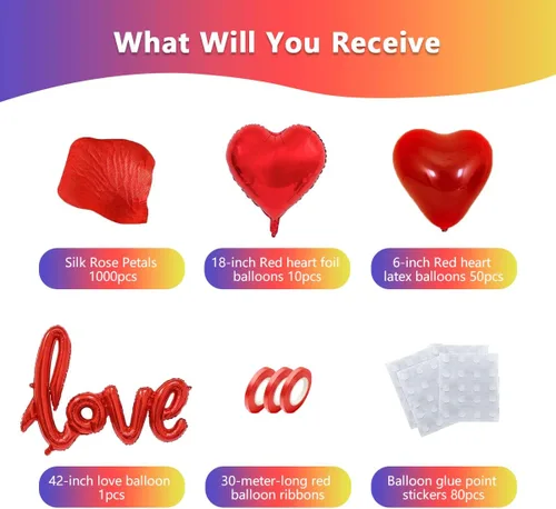 Miniatura 2 de 50 globos de látex de corazón rojo de 6 pulgadas, 10 globos de corazón rojo de 18 pulgadas, 1 globo de amor rojo de 42 pulgadas, kit de pétalos