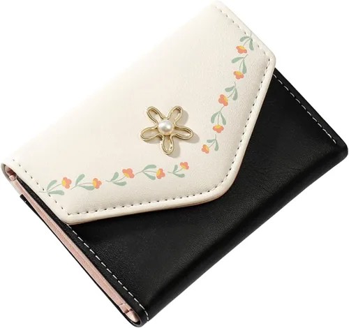 Miniatura 2 de Cartera de piel sintética para mujer y niña, con diseño de flores, de tres pliegues, delgada, pequeña, con tarjetero para dinero en efectivo, Negro