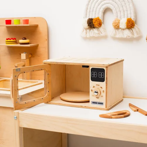 Miniatura 4 de Horno de microondas de madera para niños, muebles Montessori para niños pequeños, juguete de microondas, madera para niños, sala de juegos de madera