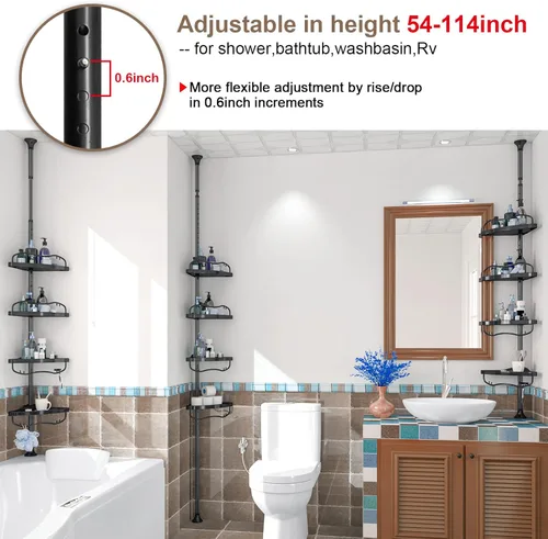 Miniatura 5 de Organizador de Ducha de Esquina con Barra de Tensión - Poste Organizador de Ducha de Servicio Pesado de Piso a Techo con 4 Estantes, 54"-114