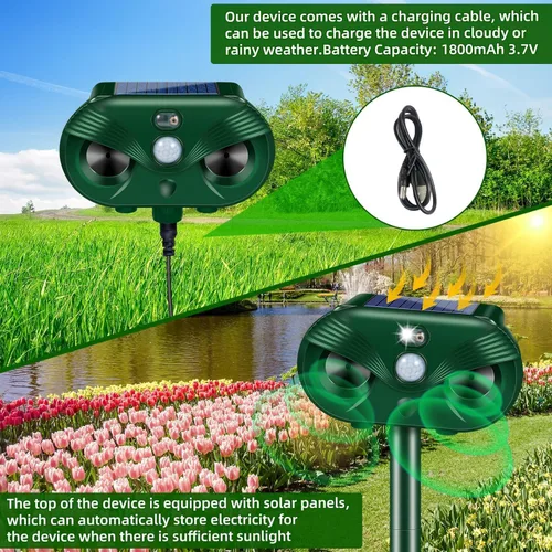 Miniatura 4 de Paquete de 2 repelentes de animales ultrasónicos solares para exteriores, dispositivos repelentes de ciervos con sensor de movimiento para gato