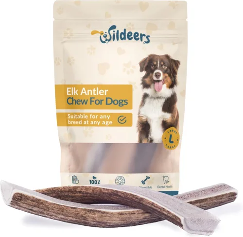 Miniatura 13 de Wildeers Cuernos divididos para perros medianos, paquete de 2, fabricados en Estados Unidos, cuernos de alce de grado A, huesos masticables