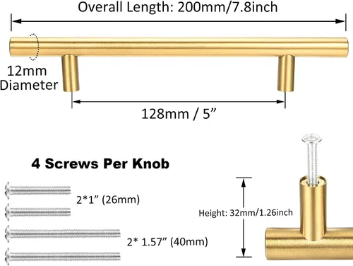 Miniatura 3 de Paquete de 15 tiradores de gabinete de acero inoxidable dorado cepillado en T para muebles, cocina, armario, cajón, manija de puerta