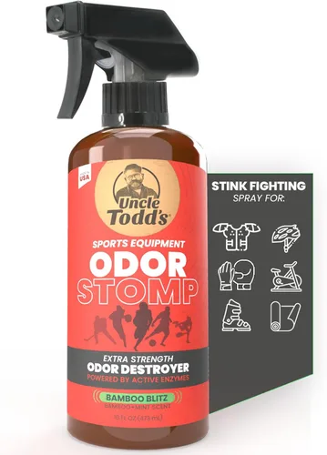 Uncle Todd's Odor Stomp - Spray eliminador de olores para equipo deportivo, desodorante enzimático extra fuerte para fútbol, hockey, bolsas de