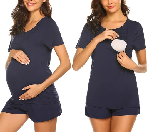Ekouaer - Conjunto de pijama de maternidad para el hospital o el hogar, con camiseta para lactancia y pantalón corto ajustable para el embarazo