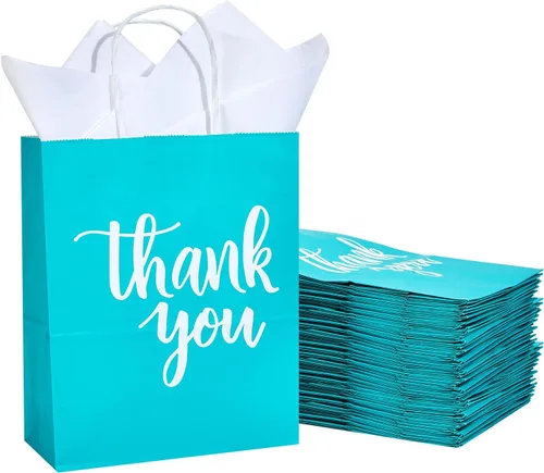 Miniatura 10 de DjinnGlory Paquete de 50 bolsas de papel de agradecimiento negras de tamaño mediano con asas de 10 x 8 x 4 pulgadas y papel de seda blanco para Negro