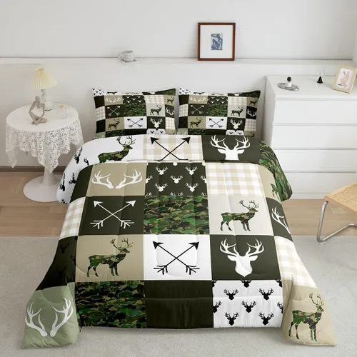 Miniatura 40 de Juego de edredón de cuernos de ciervo tamaño individual, juego de ropa de cama rústica de granja con huellas de oso y pinos para decoración