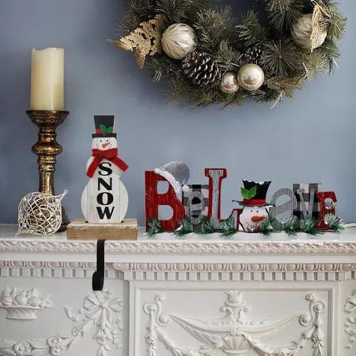 Miniatura 4 de Letrero de madera de Navidad con texto en inglés "Believe Merry Christmas", decoración rústica de muñeco de nieve para el hogar, letrero rústico