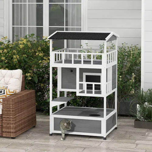 Miniatura 2 de Robust Multi-Story Cat Condo Featuring Asphalt Roof, Escape Doors, Jumping Platform, Durable Material, Light Gray Exterior