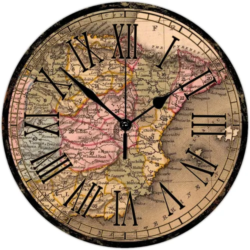 Miniatura 11 de Reloj de pared redondo de madera, estilo vintage, mapa del viejo mundo, movimiento de barrido, reloj de pared silencioso, estilo campestre, reloj