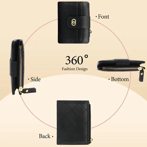 Miniatura 4 de Unaone Cartera pequeña para mujer, cartera de cuero con ventana de identificación y bolsillo para monedas con cremallera, Negro -, Moda
