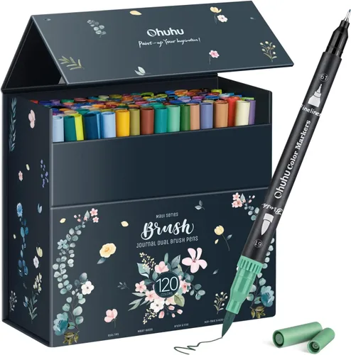 Ohuhu Marcadores para libros de colorear para adultos sin sangrado 120 colores, marcadores para colorear a base de agua, punta doble, delineadores y