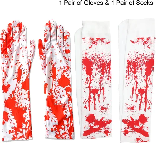 Miniatura 2 de Famiredo Calcetines altos y guantes para disfraz de Halloween, 1 par de guantes manchados de sangre y 1 par de calcetines manchados de sangre