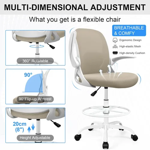 Miniatura 5 de Silla de dibujo alta de oficina con reposabrazos abatibles, altura ajustable y soporte lumbar mejorado, taburete ergonómico rodante, soporte de Caqui