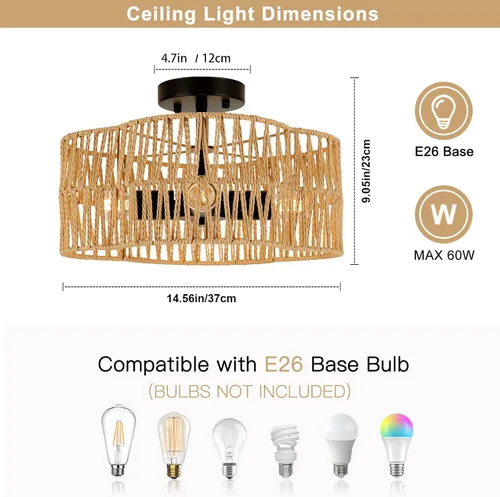 Miniatura 5 de Lámparas Bohemias de Techo con Montaje, Lámpara de Techo de Ratán Estilo Granja de 4 Luces, Lámpara de Techo Semi Empotrada con Pantalla Tejida a