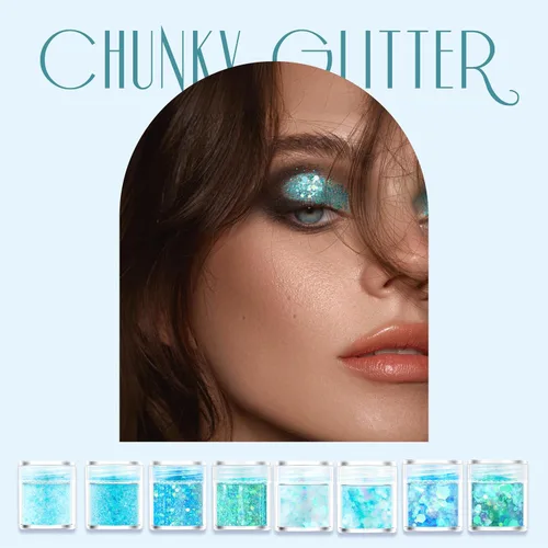 Miniatura 4 de GABOX Juego de 8 tarros de purpurina azul hielo, polvo fino holográfico y copos de lentejuelas de 0.039 in, 0.079 in y 0.118 in para cosméticos