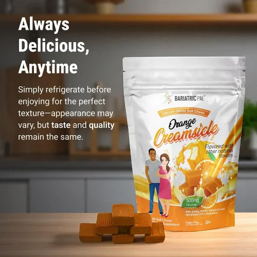 Miniatura 7 de BariatricPal Masticables suaves de citrato de calcio sin azúcar 500 mg con vitamina D y probióticos Crema de naranja 90