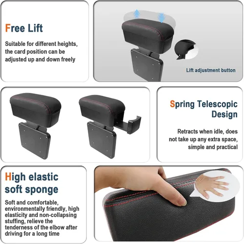 Miniatura 2 de Reposabrazos para automóvil, altura ajustable con orificio telescópico ajustable, extensor de reposabrazos suave y cómodo, material ABS, codo, cojín