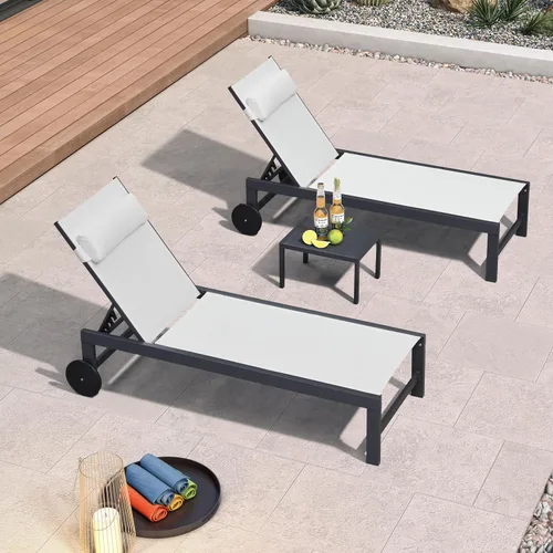 Miniatura 22 de PURPLE LEAF Juego de sillas de lounge al aire libre de gran tamaño de 3 piezas para patio, tumbona para piscina, estructura de aluminio con mesa