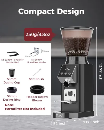 Miniatura 6 de Tuni G1 Molinillo de Café de Fresas Cónicas, 48 Configuraciones de Molienda, Molino de Fresas Antiestático, Temporizador Electrónico de Precisión
