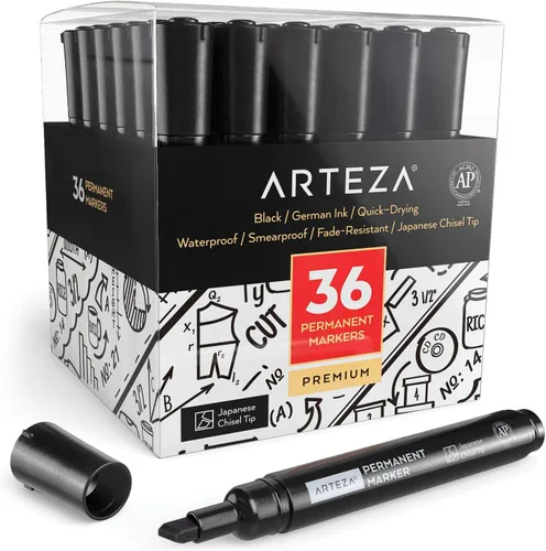 ARTEZA Marcadores permanentes, juego de 36, negro, punta de cincel, impermeables