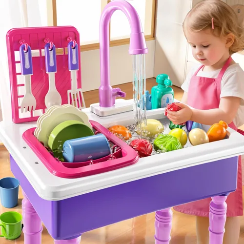 Miniatura 5 de JUKUDAHU Fregadero de juegos con agua corriente, fregadero de juguetes de cocina para niños de 3, 4, 5, 6, 7 años, lavavajillas eléctrico, juego