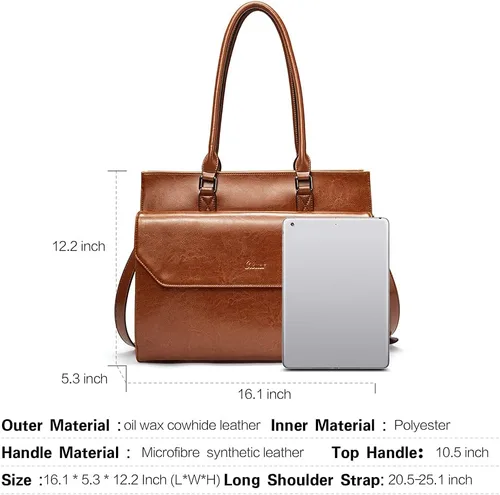 Miniatura 4 de CLUCI Maletín de negocios de cuero de 15.6 pulgadas para mujeres con 2 compartimentos con cremallera bolsa para portátil Oil Wax Leather, Business