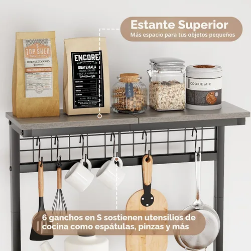 Miniatura 5 de Furologee Estante de Panadería de Cocina con Aparador, Estación de Barra de Café de 4 Niveles, Soporte para Horno Microondas con 6 Ganchos en S