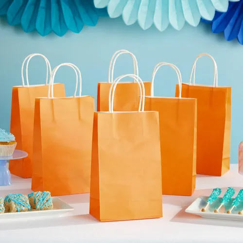 Miniatura 2 de BLUE PANDA Paquete de 25 bolsas de regalo naranjas con asas, pequeñas bolsas de papel para cumpleaños, bodas, minoristas (5.3 x 3.2 x 9 pulgadas)