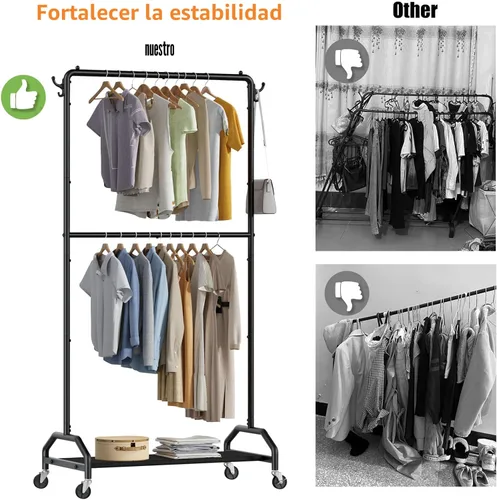 Miniatura 6 de Wiracks Perchero doble para colgar ropa, perchero para ropa, 130 libras, capacidad 34.5 pulgadas de ancho x 15.8 pulgadas de profundidad x 79