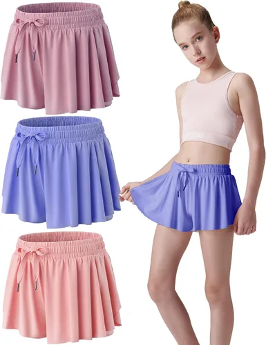 Miniatura 38 de Paquete de 3 pantalones cortos fluidos para niñas con forro de elastano, 2 en 1, faldas de mariposa para jóvenes, para fitness, correr, deportes