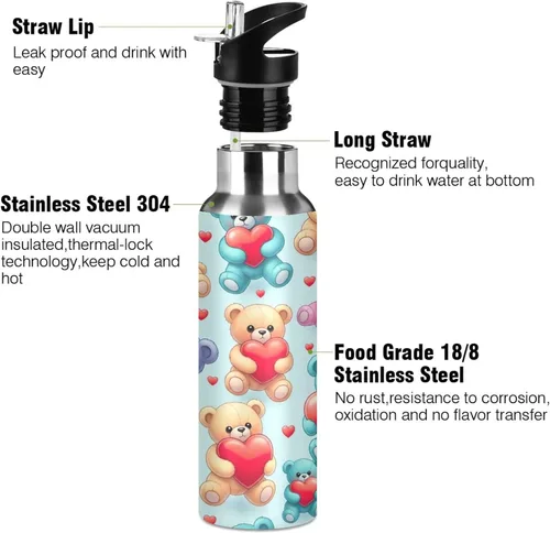 Miniatura 3 de Insulated Water Bottle 32 Oz, BPA-Free Sports Water Bottle with Straw for Gym Outdoor Travel School, Cute Bears Red Hearts
