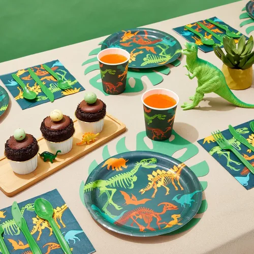 Miniatura 2 de Juvale Juego de 144 piezas de decoración de fiesta de cumpleaños de dinosaurio con platos, vasos, servilletas y cubiertos, sirve 24 platos y tazas