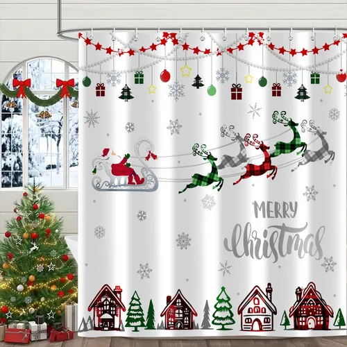 Cortina de ducha de Feliz Navidad, trineo de Papá Noel, reno, copo de nieve, vacaciones, cuadros rojos y verdes, juego de cortinas de ducha para