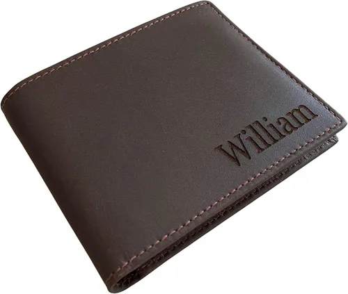 Billetera plegable personalizada de piel auténtica para hombre, con bloqueo RFID, con ventana de identificación, tarjetero de cuero genuino con caja