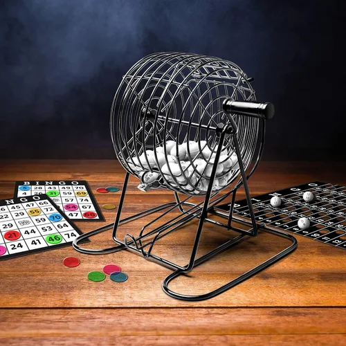 Miniatura 4 de Estuche de bingo de metal de lujo, kit de juego nocturno de bingo, incluye jaula de bingo de metal, 75 bolas numeradas, 150 marcadores de bingo, 17
