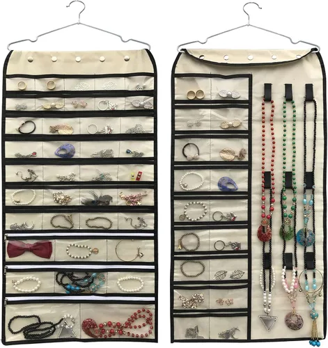 Miniatura 17 de BB Brotrade Organizador colgante de joyas, organizador de accesorios, organizador de 80 bolsillos para guardar joyas (beige)