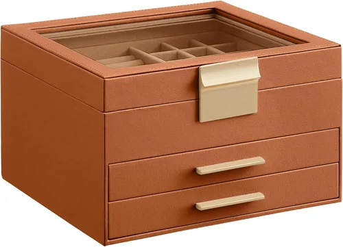 SONGMICS Joyero organizador con tapa de cristal, almacenamiento de joyas de 3 capas, con 2 cajones, estilo moderno, regalo de Navidad, 8 x 9.1 x 5.3