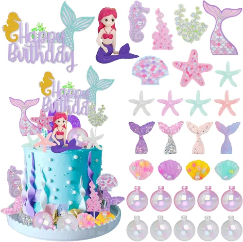 Decoración de pastel de sirena para niña, 30 piezas, figura de sirenita bajo el mar, océano, decoración de tartas, algas, burbujas, estrellas de