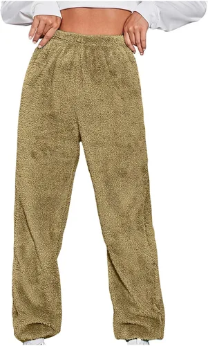 Pantalones deportivos de felpa peludos para mujer, pantalones deportivos de forro polar mullido, talla grande, color sólido, pantalones térmicos de