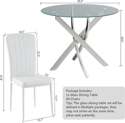 Miniatura 2 de Set de mesa de comedor redonda QJZLXKYT para 4, mesa moderna de comedor de vidrio con sillas, juego de mesa y sillas de cocina de 5 piezas